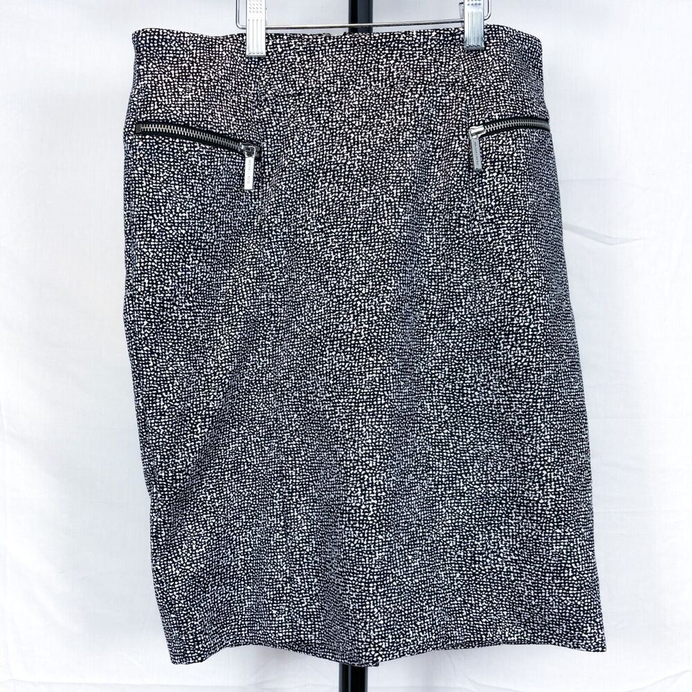 Michael Kors Womens 6  Pencil Skirt Black White Print Stretch Knit Faux Pockets